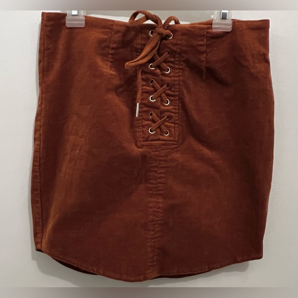 Vintage Rue 21 Fall Color Rust Corduroy Skirt w/Lace Up Front & Scalloped Bottom